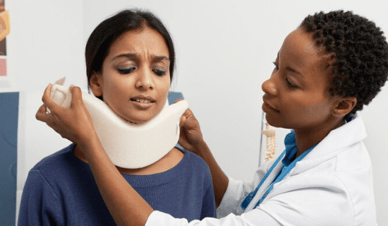 Doctor putting neck brace on patient