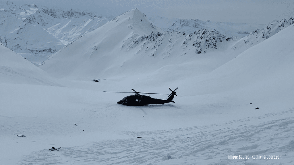National Guard helicopter at crash site of Alaska Airbus AS350 B3
