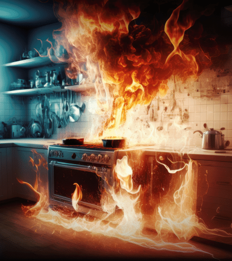 kitchen fire with stove and wall covered in flames